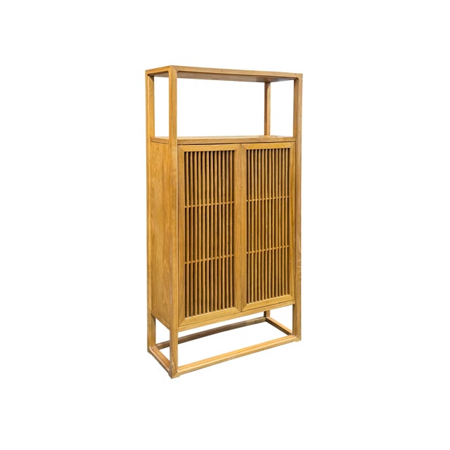 Contemporary Light Brown Slatted Doors Display Storage Minimalist Zen Cabinet For Sale - Image 3 of 14