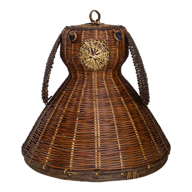 1930s Folk Art Rattan Dog Basket Lid or Hanging Pendant Lampshade For Sale