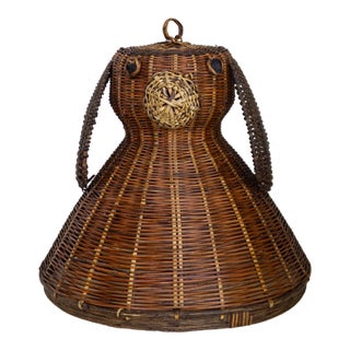 Folk Art Rattan Dog Basket Lid or Hanging Pendant Lampshade For Sale