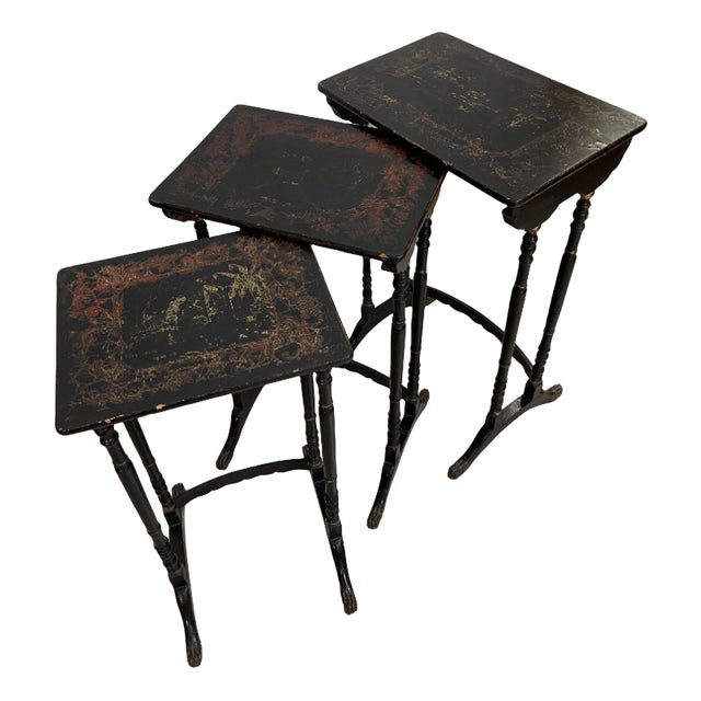 Antique Vintage Chinoiserie Ebonised Nest of Side Tables, 1890s, Set of 3 For Sale