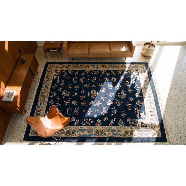 1920s Blue Navy Floral Classic Antique Chinese Peking Carpet 9'2'' X 11'8'' Knotted Wool Rug For Sale - Image 10 of 12
