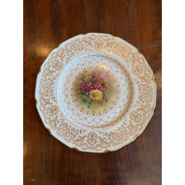English 1920s Royal Daulton E. Perry Signed, Burslem Factory, Raised Gilt Gold in Blossoms and Swags “Cabinet Plates” - Set of Two For Sale - Image 3 of 7