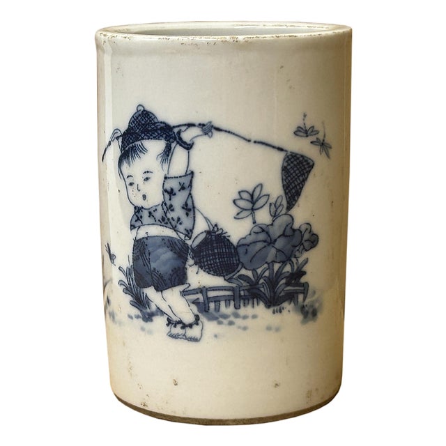 Chinese Distressed White Porcelain Blue Kid Playing Graphic Holder Vase For Sale