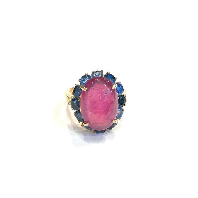 Bochic “Orient” Red Ruby & Tanzanite Ring, Set 18K In Yellow Gold & Silver For Sale - Image 9 of 12