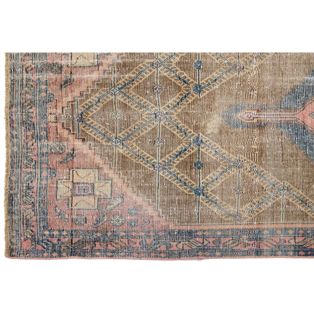 4 X 15 Vintage Distressed Persian Wool Runner in Brown With Tribal Motif For Sale - Image 4 of 8