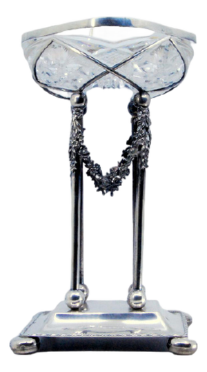 Fruit Bowl in Cut Crystal and Silver on Pillars with Flowers Decor