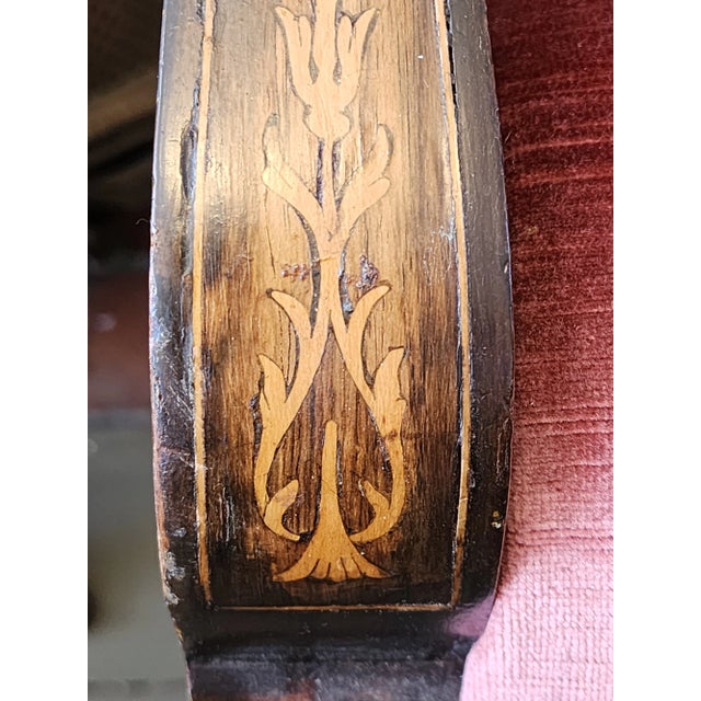 19th Century Antique Victorian Velvet Marquetry Fauteuil Parlor Armchair For Sale - Image 4 of 12