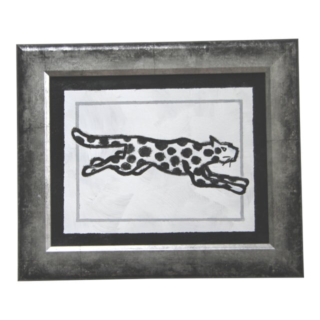 Leopard Black & White Minimalism Folk Art Abstract Original Oil Painting by Cleo Plowden For Sale