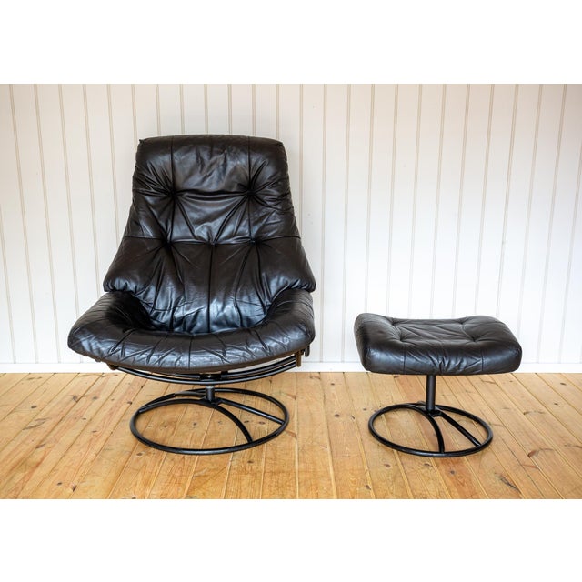 Mid-Century Norwegian Black Leather Stressless Lounge Chair and Ottoman Set from Ekornes, 1980s, Set of 2 For Sale - Image 6 of 18