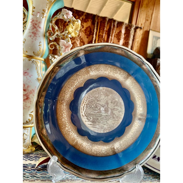 Rare ‘Fox-Hunting Scene' Embossed in a Silver Overlay on an Antique 1920s Bavarian Mitterteich Footed Porcelain Plate For Sale - Image 12 of 13