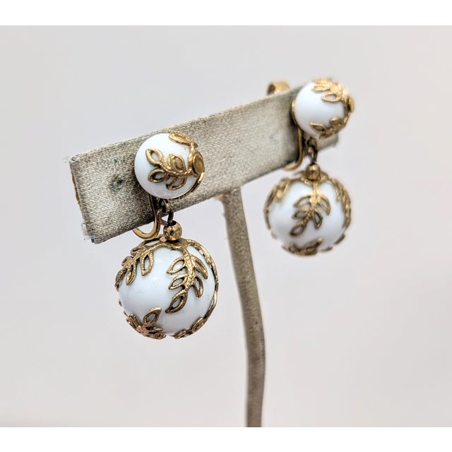 Mid-Century Modern Vintage Early 1950s Signed Napier Goldtone White Resin Filigree Drop Clip Earrings-2 Pieces For Sale - Image 3 of 10