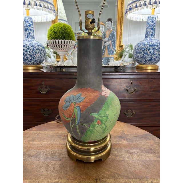 Ceramic Vintage Late 20th Century Hand Painted Chapman Gourd Lamp With Heavy Brass Fittings For Sale - Image 7 of 9