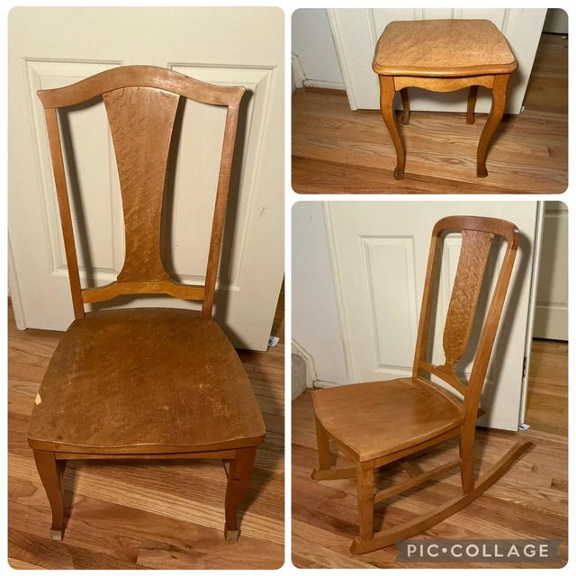 A three-piece antique set in golden oak: a rocking chair and a side chair with shaped splat backs, plus a small accent...