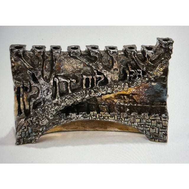 Unknown, Artist Designed Signed Judaica Israeli Menorah Candelabra Sculpture Silver Plate For Sale - Image 4 of 12