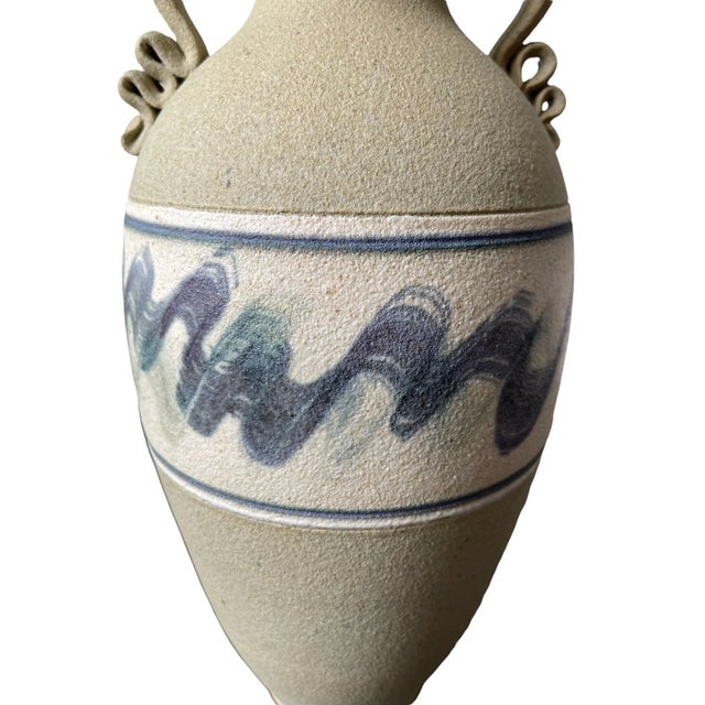 Linen Late 20th Century Artisan Textured Pottery Amphora Vase Signed For Sale - Image 8 of 9