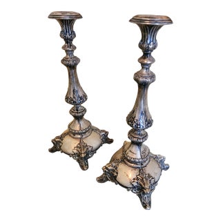 Pair of 19th Century Antique Silver Hue Candlesticks- Set of 2 For Sale