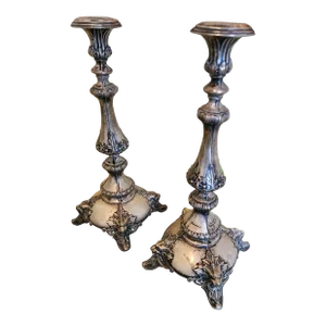 Pair of 19th Century Antique Silver Hue Candlesticks- Set of 2