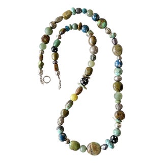 Rare Beaded Necklace of Tibetan Turquoise Silver African Trade Beads, Jade For Sale