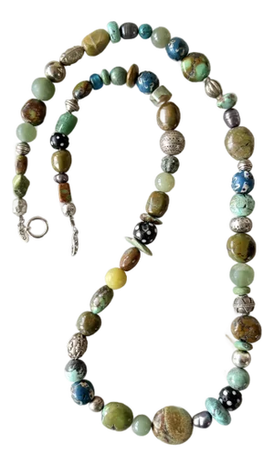 Rare Beaded Necklace of Tibetan Turquoise Silver African Trade Beads, Jade