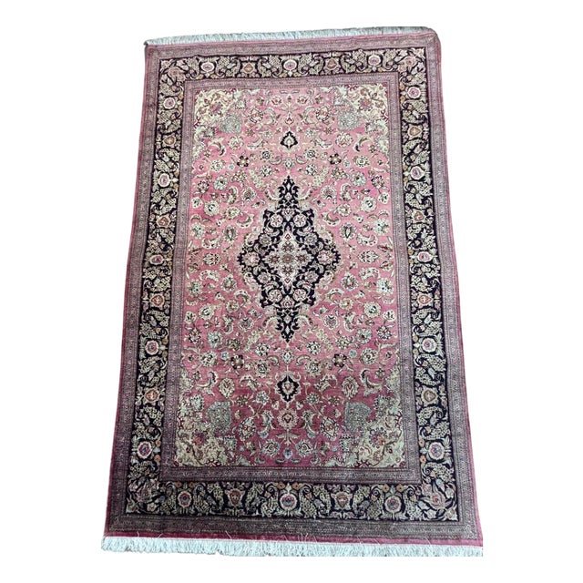 Vintage Hand-Knotted Qom Silk Oriental Rug, 1980s For Sale