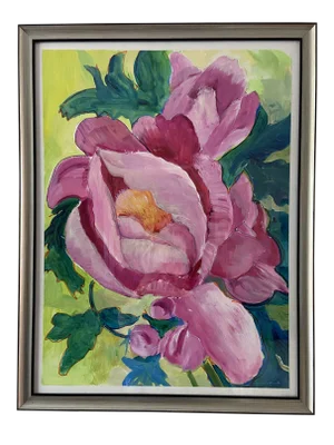 Contemporary Botanical Acrylic Painting of a Peony Bud by Marina Movshina, Framed