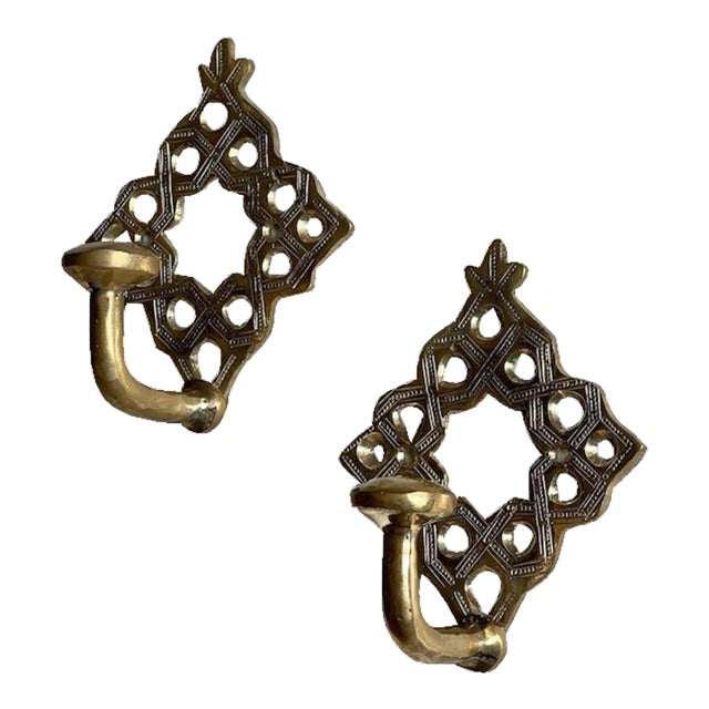 Set of 2 Moroccan Solid Brass Wall Mounted Towel Robe Hooks For Sale