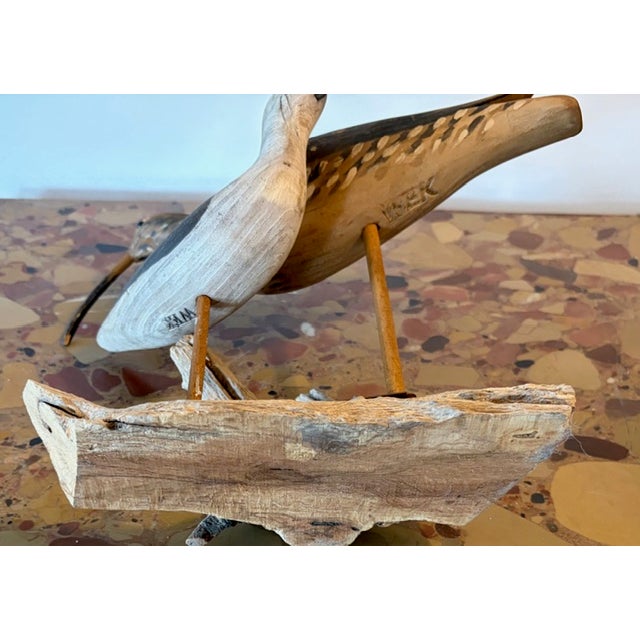 Wood Vintage Hand Carved and Painted Wooden Shorebirds, Folk Art, Signed Wek For Sale - Image 7 of 7