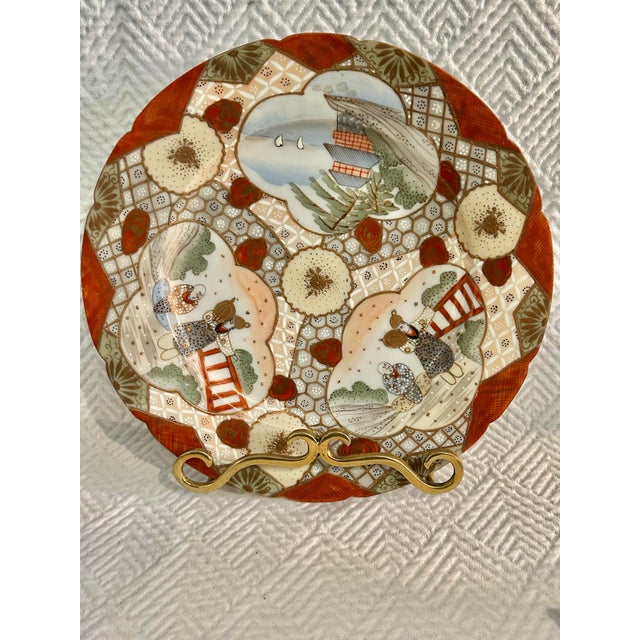 Japanese Early 20th Century Japanese Kutani Hand Painted Eggshell Porcelain Cup and Saucers With 9” Serving Plate - 9 Pieces For Sale - Image 3 of 7