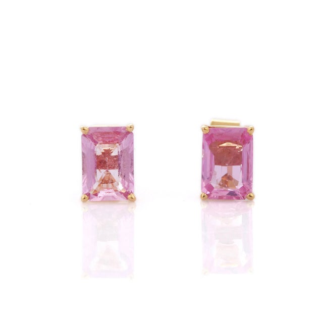 18k Yellow Gold Natural Pink Sapphire Stud Earrings - a Pair For Sale - Image 4 of 6