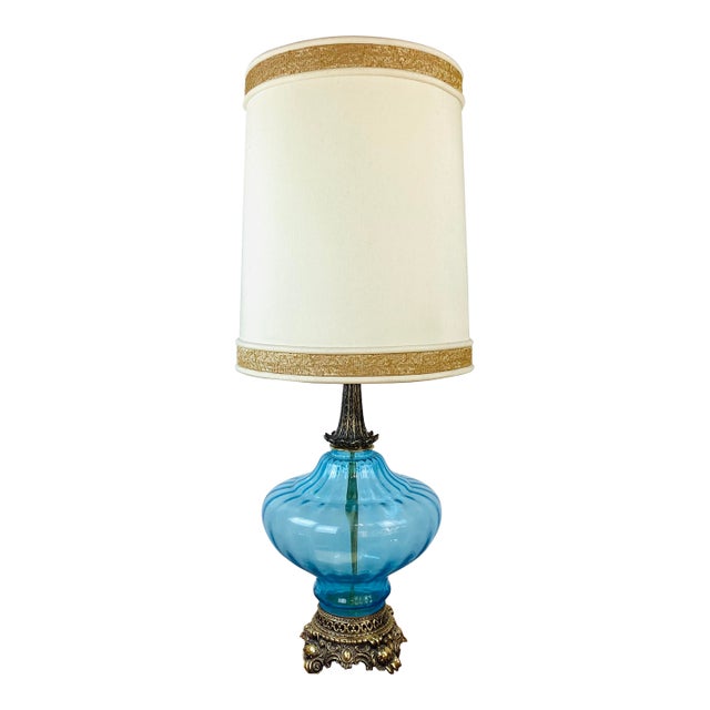 Vintage 1970s Tall Aqua Blue Glass & Brass Hollywood Regency Lamp & Shade For Sale