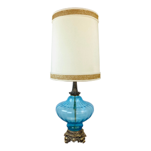 Vintage 1970s Tall Aqua Blue Glass & Brass Hollywood Regency Lamp & Shade