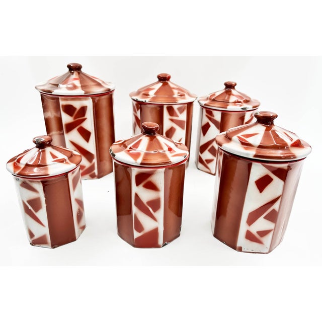 Antique French Enamel Kitchen Tins Set by Aubecq, 1920s, Set of 6 For Sale - Image 10 of 10