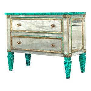 Vintage Regency Faux Painted Malachite Mirrored Chest of Drawers