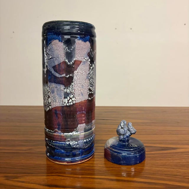 Vintage Studio Pottery Jar With Lid, Indigo Oxblood and Crackle Glaze For Sale - Image 4 of 12