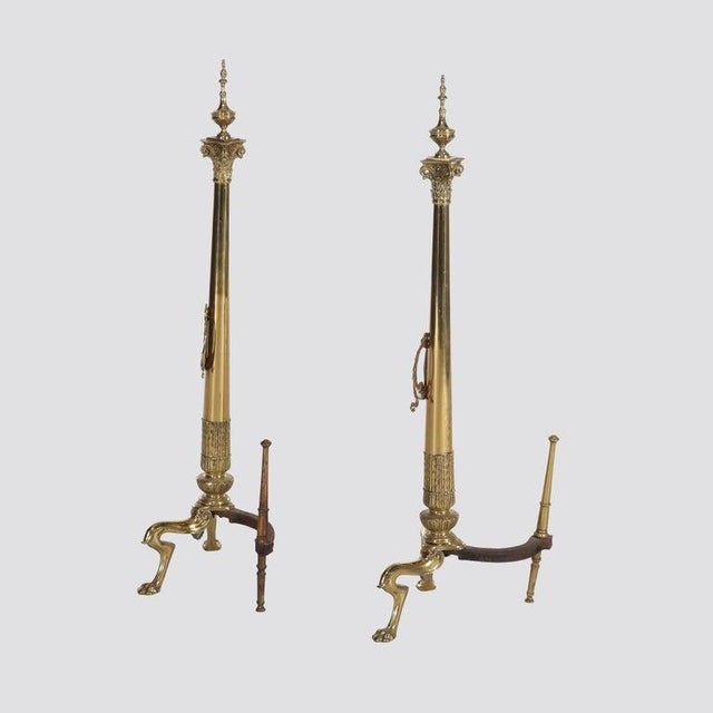 Oversized Pair Of Antique French Empire Brass Chenets 19thC Measures - 33 7/8" x 13 1/2" x 7 1/2" A pair of oversized...