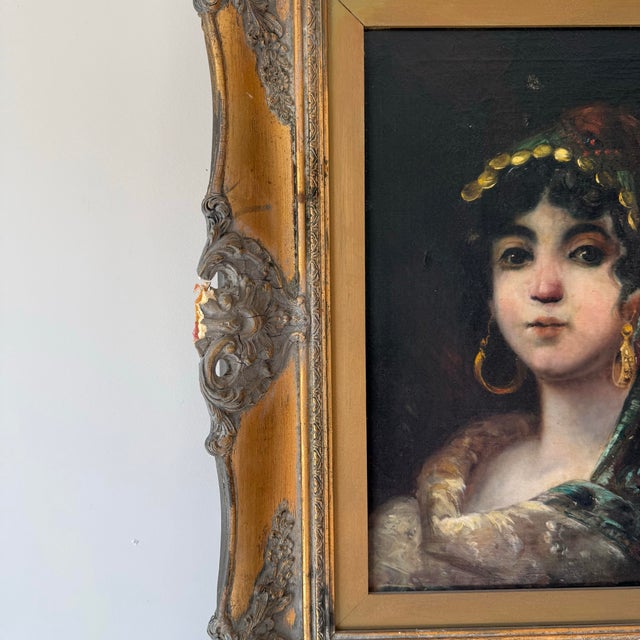 Transitional Antique Romani Girl Gilt Oil Painting For Sale - Image 3 of 12
