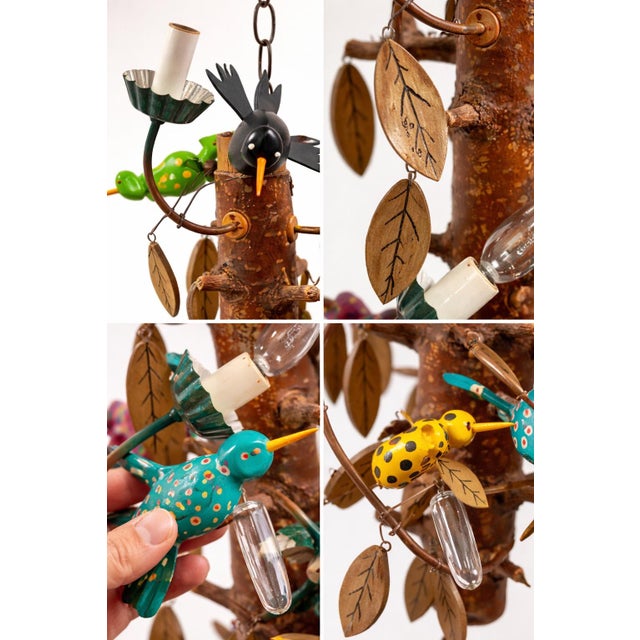 Rustic Vintage Folk Art Hummingbird Chandelier Signed Carey Handmade Wood Hanging Light For Sale - Image 3 of 12