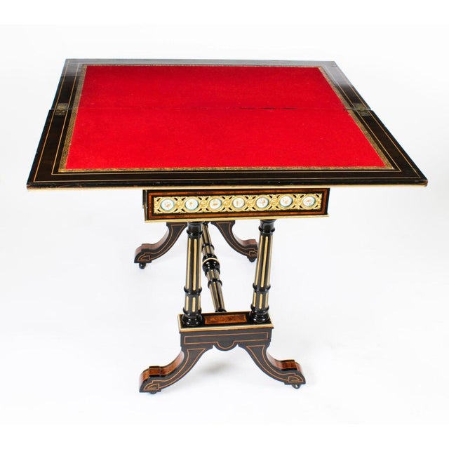 Brown Antique 19th Century Amboyna Card Console Tables with Porcelain Plaques, Set of 2 For Sale - Image 8 of 18