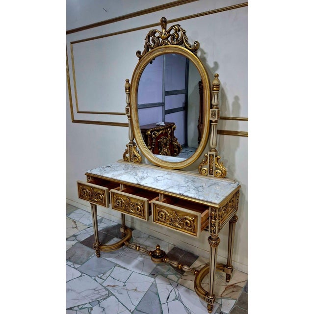 French 1960s French Louis XVI Entryway Console Table with Oval Mirror Marble Top For Sale - Image 3 of 6