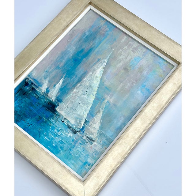 Blue Coastal Sailboat Seascape Original Oil Painting – Framed, by Matt Thomas For Sale - Image 4 of 5