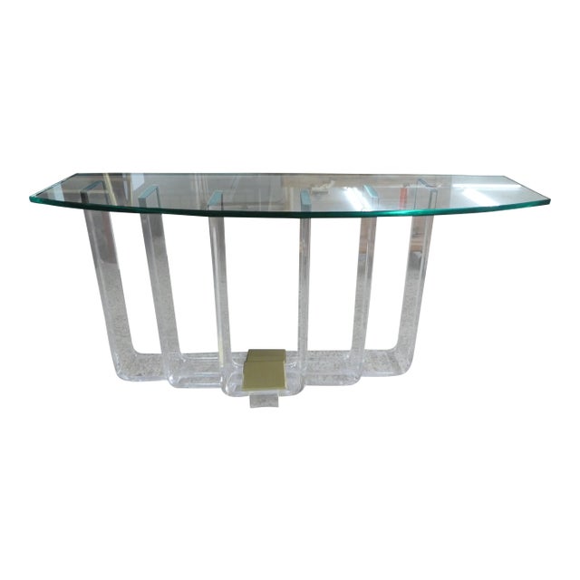 1970s Vintage Architectural Lucite and Brass Graduated Console Table For Sale