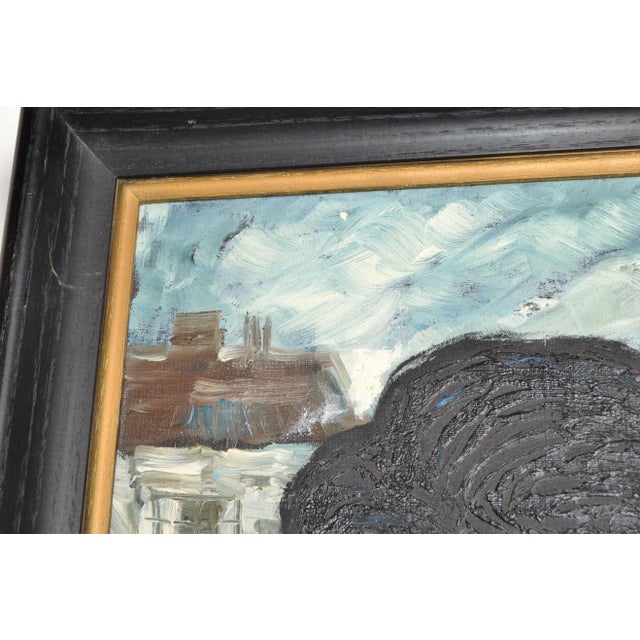 1960 Andre Daude Big Eyed French Girl Painting Oil Canvas Black Frame Green Coat For Sale - Image 12 of 13