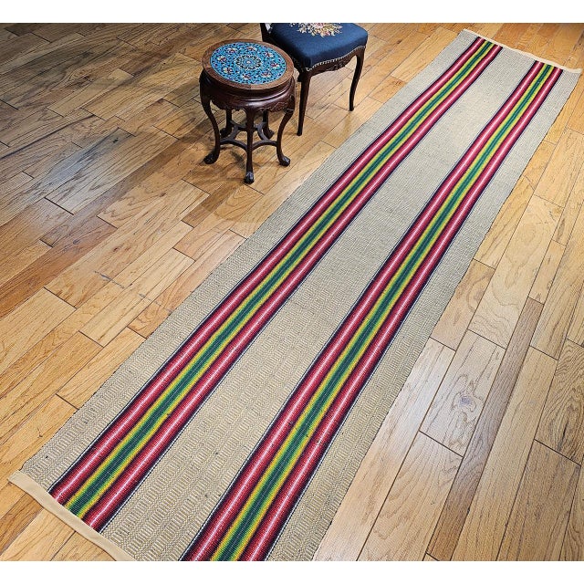 American Vintage American Rag Runner, Handwoven Stripe Pattern, Tan, Green & Magenta, 3x13 For Sale - Image 3 of 12