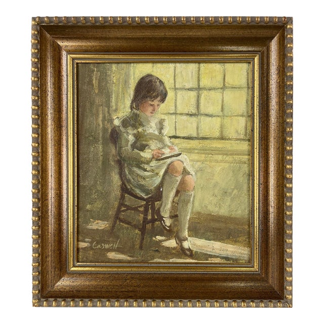"Needle Work" Young Girl by the Window Original Oil on Linen by Helen Rayburn Caswell For Sale