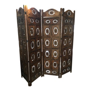 Vintage Moroccan Style Teak Four Panel Folding Screen For Sale