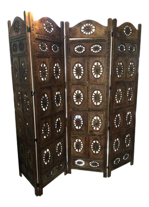 Vintage Moroccan Style Teak Four Panel Folding Screen