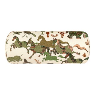 Scalamandre 21" x 7" Legends Bolster Pillow in Olive Abode For Sale