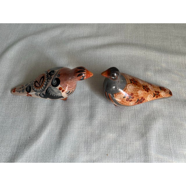 Tan Pair of Vintage Mexican Folk Art Hand Painted Clay Bird Pidgeons For Sale - Image 8 of 12