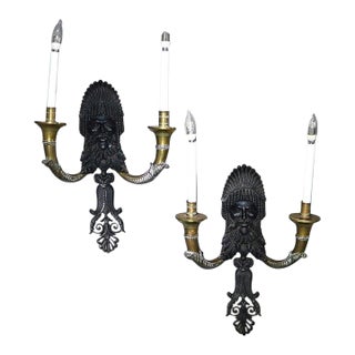 Antique Ebonized Bronze & Brass Figural Indian Chief Wall Sconces C1920 - a Pair For Sale