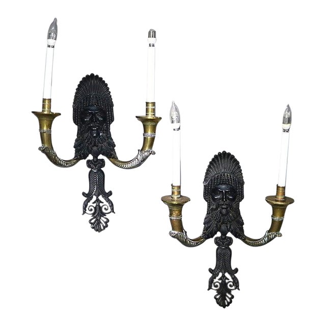 Antique Ebonized Bronze & Brass Figural Indian Chief Wall Sconces C1920 - a Pair For Sale